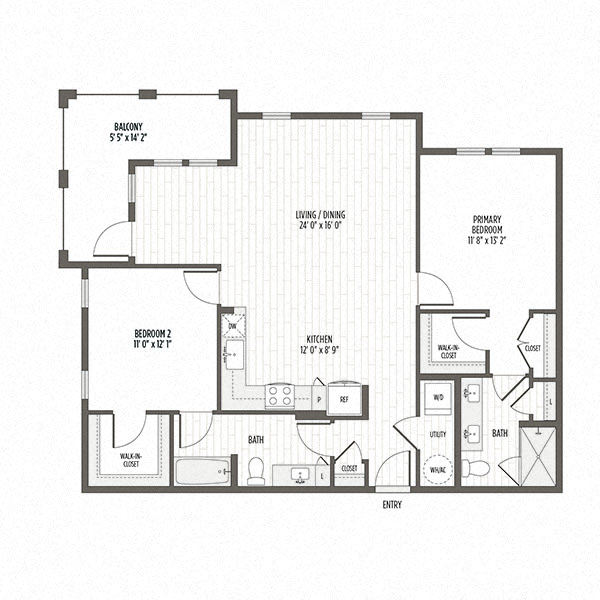 Floor plan of the B2, a two bedroom two bath at 1204 SF